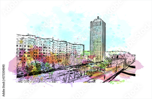 Building view with landmark of Arkhangelsk, also known in English as Archangel and Archangelsk. Watercolor splash with hand drawn sketch illustration in vector.