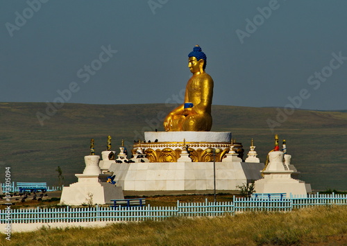 Darhan. Mongolia. June 12, 2015. A Buddhist complex of Buddha statues surrounded by stupas in the center of the city. It is a place of worship for Buddhists in North-Eastern Mongolia. photo