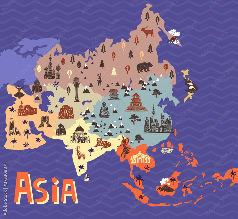 Illustrated map of Asia. Part of the world. Travel and attractions 