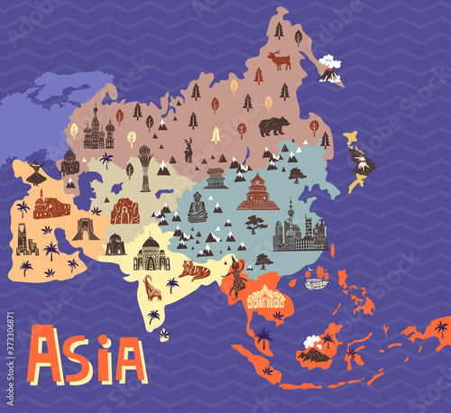 Illustrated map of Asia. Part of the world. Travel and attractions, elements of architecture and culture
