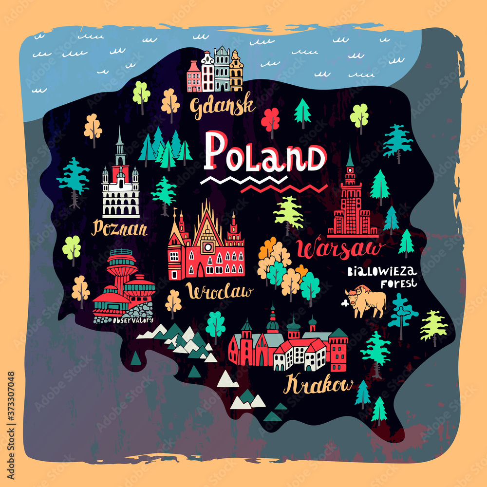 Vecteur Stock Illustrated map of Poland. Set of national symbols and elements of architecture