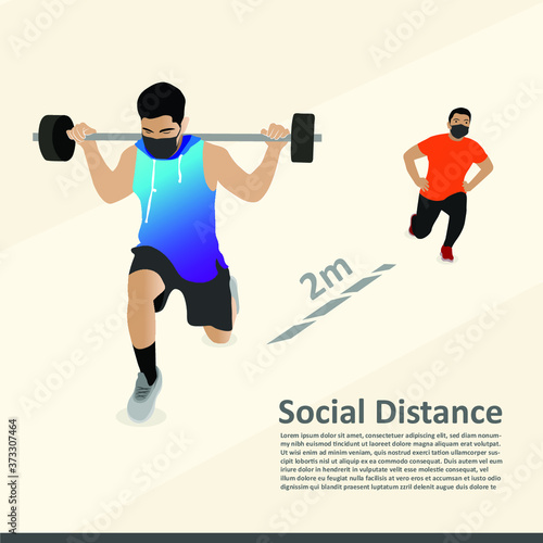 Social distancing in a gym. COVID-19 pandemic social distancing rules while working out in reopened indoor gym,prevent & protect. Two young guys working out in gym with social measures. 