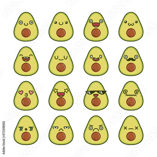 Set of fun kawaii avocado fruit icon cartoons