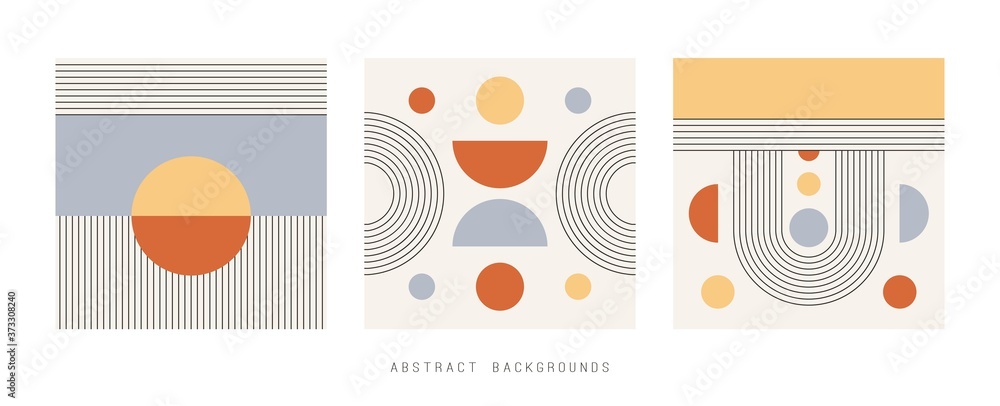 Set of three Vector Abstract Backgrounds. Circles, Lines, Curves. Geometrical Design, line art. Minimalistic boho elegant concept. Square Patterns are isolated on white. Pastel colors. Poster template