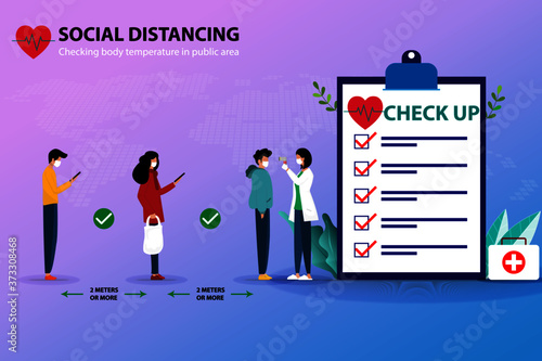 Social distancing and coronavirus prevention. People wear white mask and waiting in the line and standing near a big clipboard to check body temperature by health worker and keep distance 2M or more.