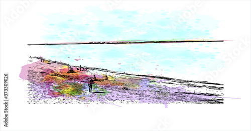 Building view with landmark of Arkhangelsk, also known in English as Archangel and Archangelsk. Watercolor splash with hand drawn sketch illustration in vector.