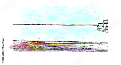 Building view with landmark of Arkhangelsk, also known in English as Archangel and Archangelsk. Watercolor splash with hand drawn sketch illustration in vector.