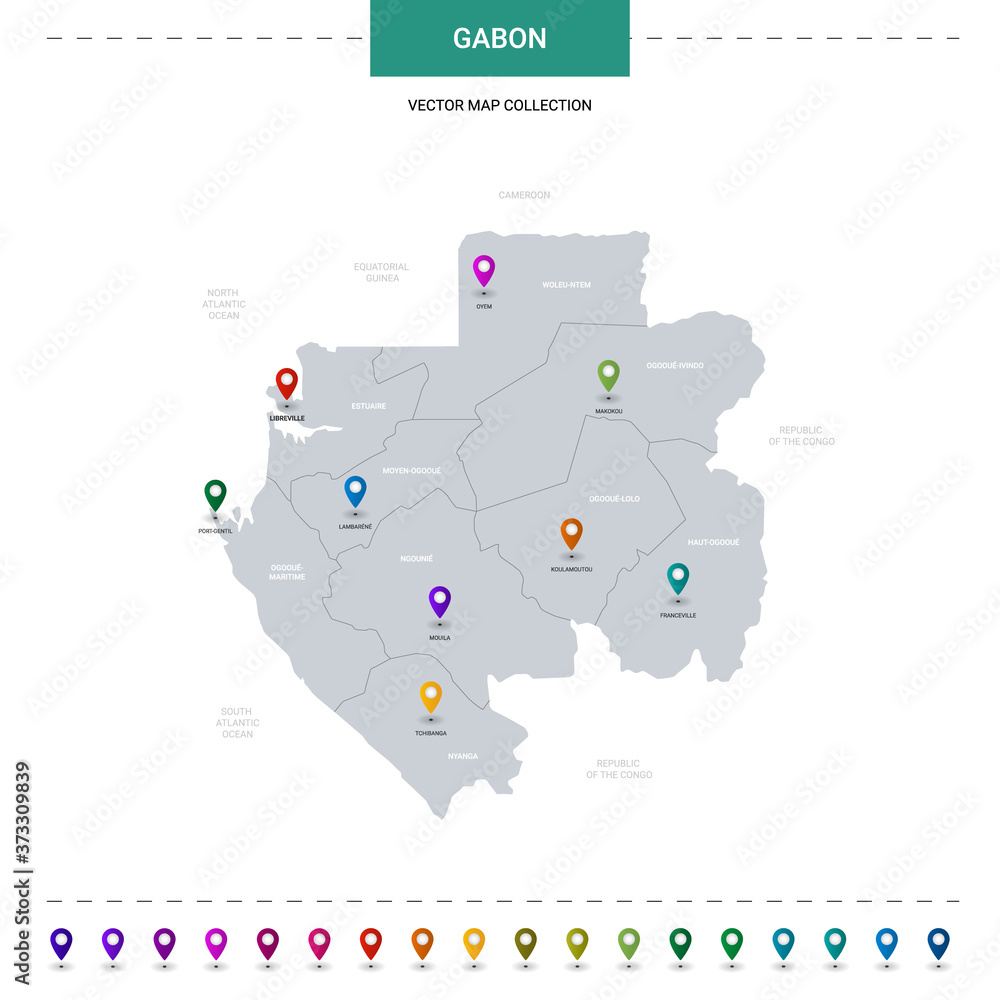 Gabon map with location pointer marks. Infographic vector template, isolated on white background.