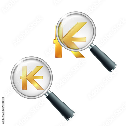 Golden Laos kip currency symbol with magnifying glass.