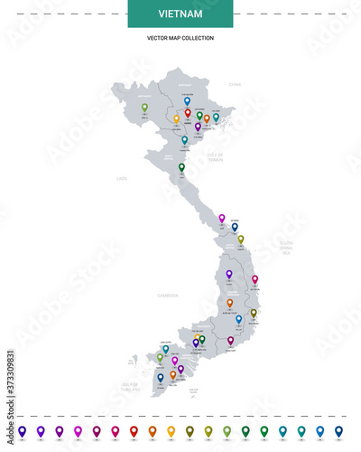 Vietnam map with location pointer marks. Infographic vector template, isolated on white background.