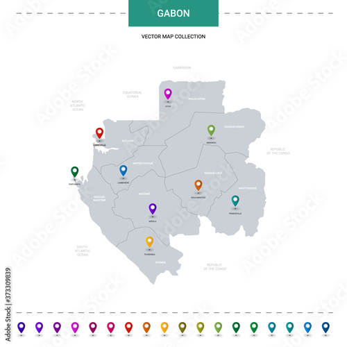 Gabon map with location pointer marks. Infographic vector template  isolated on white background.