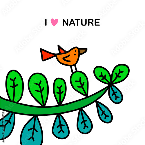 I love nature hand drawn vector illustration in cartoon comic style bird sitting branch