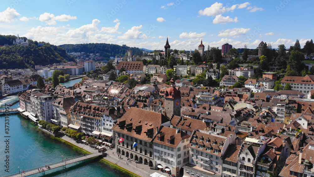 Amazing aerial view over the historic district of Lucerne in Switzerland - travel photography