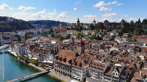 Amazing aerial view over the historic district of Lucerne in Switzerland - travel photography