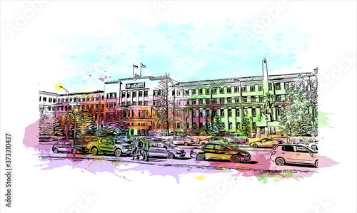 Building view with landmark of Arkhangelsk, also known in English as Archangel and Archangelsk. Watercolor splash with hand drawn sketch illustration in vector.