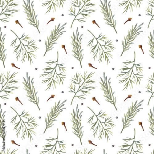 Watercolor seamless pattern with dill, rosemary, and carnation on the light background. Bright cartoon hand-painted illustration.