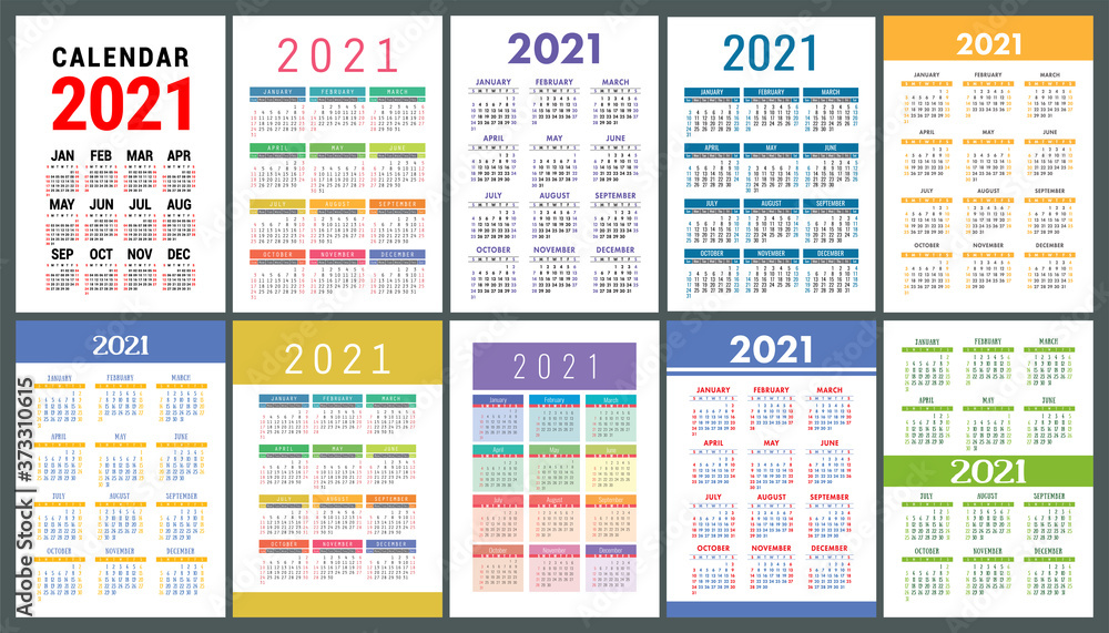 Calendar 2021 year set. Vector template collection. Simple design. Week starts on Sunday. January, February, March, April, May, June, July, August, September, October, November, December Calendar 2021 year set. Vector template collection. Simple design. Week starts on Sunday. January, February, March, April, May, June, July, August, September, October, November, December