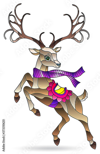 Illustration in stained glass style with the figure of a bright cartoon fawn isolated on a white background