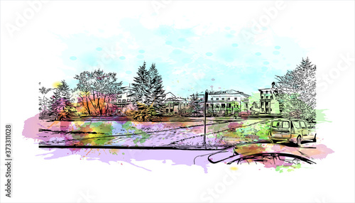 Building view with landmark of Arkhangelsk, also known in English as Archangel and Archangelsk. Watercolor splash with hand drawn sketch illustration in vector.