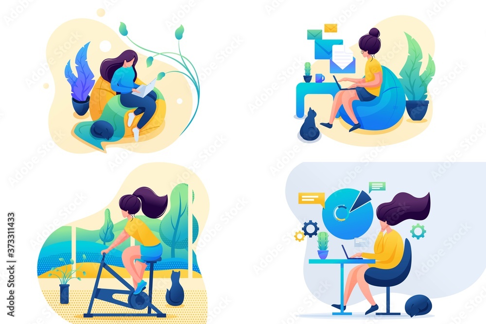 Set 2D Flat on the topic of women's self-isolation, work at home, sports. For Concept for web design