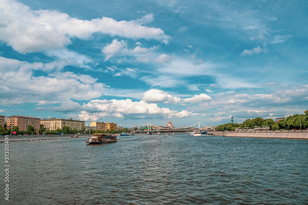 Beautiful Sunny landscape with navigation on the Moscow river.