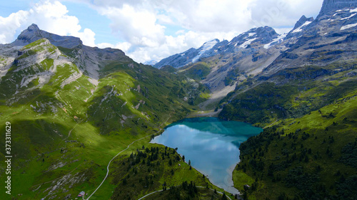 Popular vacation spot in the Swiss Alps - the Melchsee Frutt district in Switzerland - aerial view - travel photography