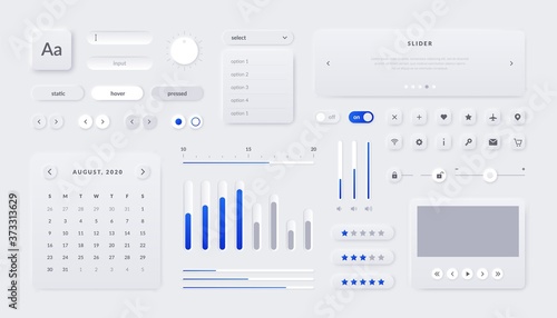 Web UI kit. Mobile application and web page interface elements with buttons field sliders and calendar. Vector illustration responsive UX graphics design template for site navigate