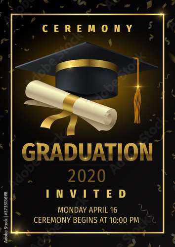 Graduation party. Prom celebration invitation poster, congratulation and greetings flyer with black degree cap and confetti. Vector diploma card education banner with golden ribbon