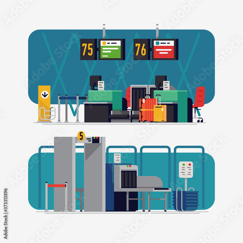 Vector illustrations on airport check-in desk and security line with X-ray in trendy flat design. Ideal for travel themed banners, posters and social media content