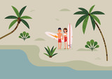 Lovely vector illustration in trendy flat style on young couple of surfers standing on beach holding surfboards and smiling. Surfer couple ready to ride the waves. Beach lifestyle minimal background