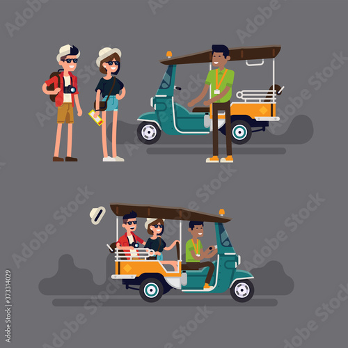 Tuk tuk rickshaw driver invites tourist couple to have a ride and they enjoy it. Flat vector illustration on tourists having a great time hiring local tricycle rickshaw. Travel and tourism experience