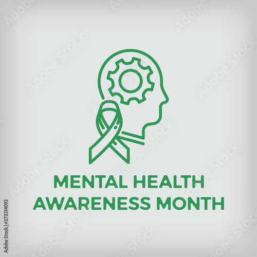 Mental health awareness month design element in monoweight flat line style featuring caption, abstract person face profile with mind represented as gear and ribbon aside