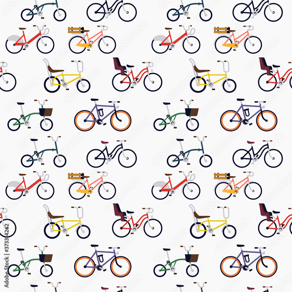 Urban different style bicycles seamless pattern on bright background in trendy flat vector design