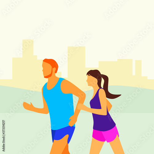 Young couple do sport run on the background of the city town. Healthy man and woman sportswear. Vector flat illustration. Design for print on shirt textile, banner, billboard. Jogging, exercises