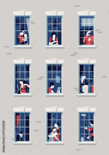 Quality flat vector illustration on neighbours. Various people seen through open and closed apartment building windows. Multiple characters in their daily city life. Privacy in big city concept