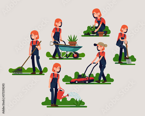 Female gardener poses and activities bundle featuring mowing, digging, watering, planting and more. Cool flat vector character design on garden maintenance. Young adult woman working in the garden
