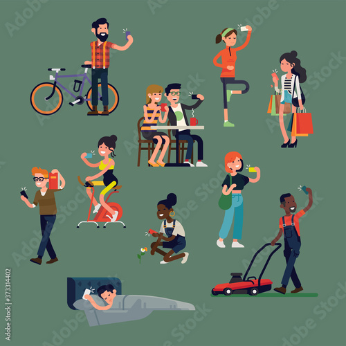 Diverse people doing selfies and making photos with smartphones in different situations and poses. Trendy flat vector illustration on different characters using their phone in everyday life