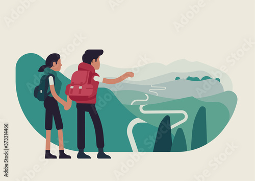 Abstract couple standing on mountain top looking forward to forthcoming journey, flat vector illustration. Hikers traveling together concept layout