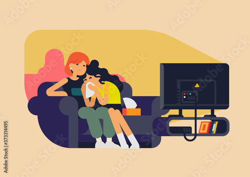 Best friends girls watching sad movie at home. Female couple sitting on couch crying on a drama TV show flat vector concept illustration photo
