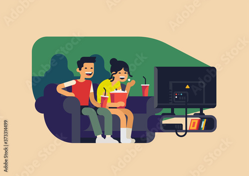 Couple watching television together. Adult young man and woman enjoying good movie at home. Movie night concept flat vector illustration