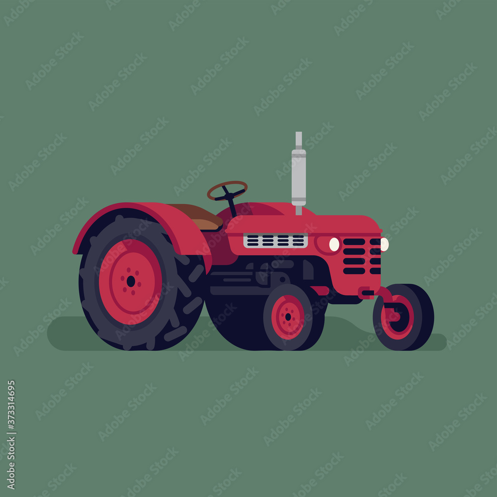Retro farm field compact tractor vector agricultural design element. Ideal for organic and craft farming and grocery promotion materials like posters and banners Retro farm field compact tractor vector agricultural design element. Ideal for organic and craft farming and grocery promotion materials like posters and banners