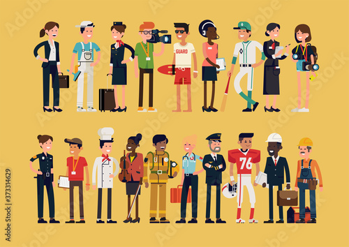 Different profession characters in flat design bundle. Men and women of different careers and jobs line-up. Group portrait of specialists and professionals