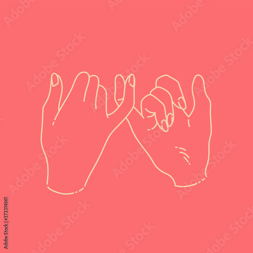 Linear hand drawn vector illustration on pinky swear promise with two hands touching pinkie fingers