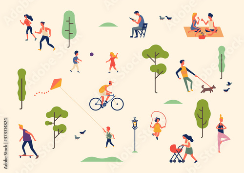Set of characters in summer season outdoor activities. People enjoying warm nice weather in park