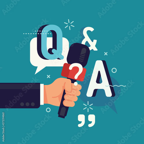 Q and A concept vector flat design with abstract hand holding microphone. Question and answers, poll or quiz visual
