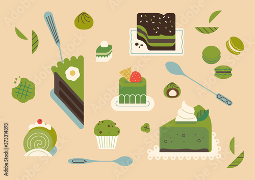 Lovely matcha green powder tea based recipe desserts flat design illustration with cakes, cookies, biscuits and other sweets