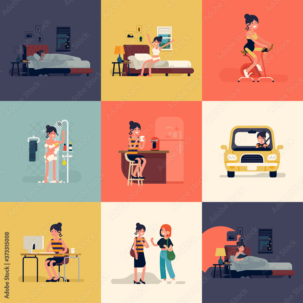Everyday day life of a woman vector illustration bundle. Young adult woman in average daily routine situations like sleeping, reading, taking care of herself, having breakfast, working and commuting Everyday day life of a woman vector illustration bundle. Young adult woman in average daily routine situations like sleeping, reading, taking care of herself, having breakfast, working and commuting