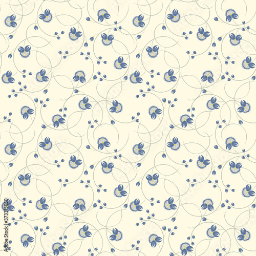 Vector floral seamless pattern with small scattered fantasy flowers, buds. Simple abstract botanical texture. Ditsy background. Liberty style wallpapers. Blue and beige color. Repeat design for decor