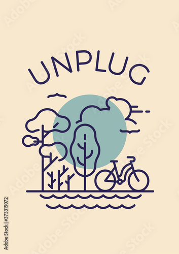 Unplug poster, banner or card vector template with simple park landscape trees, clouds, water and bicycle. Rest or downtime of mobile technology use concept illustration photo