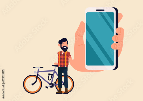 Urban character showing smartphone display closeup. Bearded guy in red checkered shirt with bicycle holding mobile device with empty display in wide-angle style